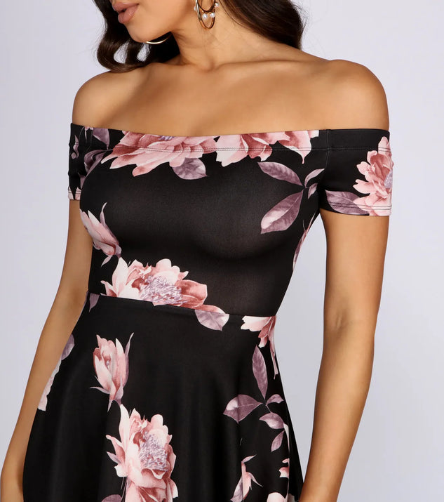 off the shoulder high low skater dress Sweetest Look Floral Off Shoulder High Low Skater Dress