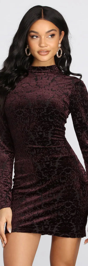Flocked Velvet Mock Neck Mini Dress