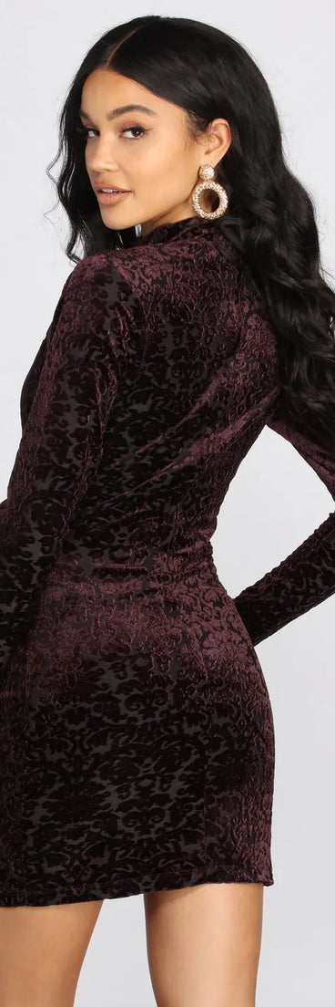Flocked Velvet Mock Neck Mini Dress