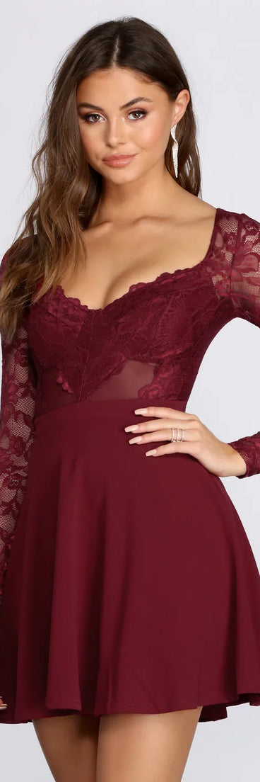 red lace skater dress Pretty Wine Red Crochet Lace Dress - Puff Sleeve Midi Dress