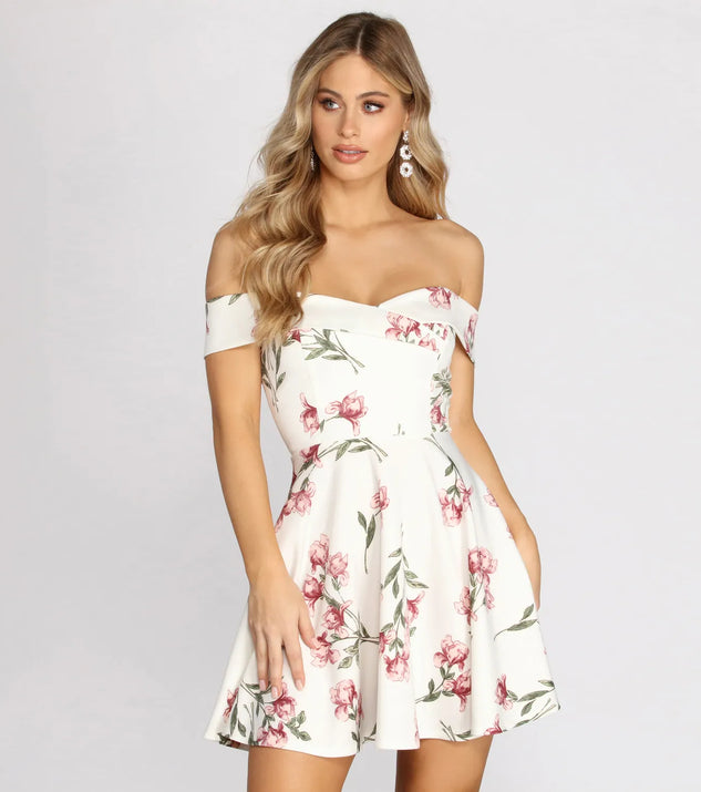 Love At First Sight Floral Off Shoulder Skater Dress