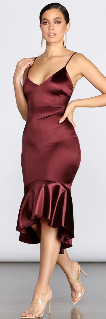 Trumpet Hem Satin Midi Dress