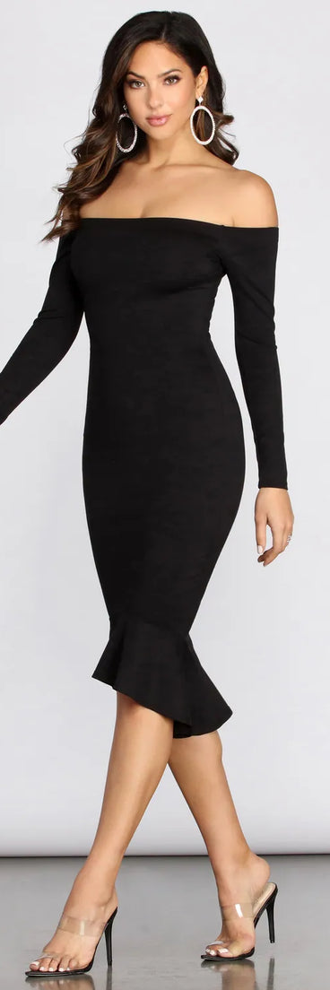 Off Shoulder Trumpet Hem Midi Dress