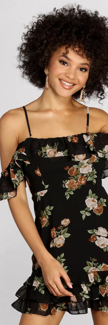 Floral Feeling Chiffon Off Shoulder Mini Dress