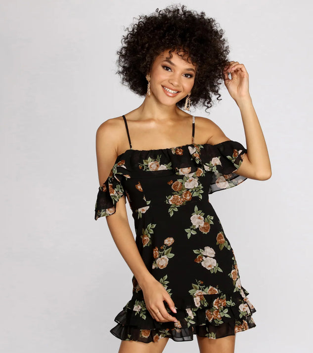 Floral Feeling Chiffon Off Shoulder Mini Dress