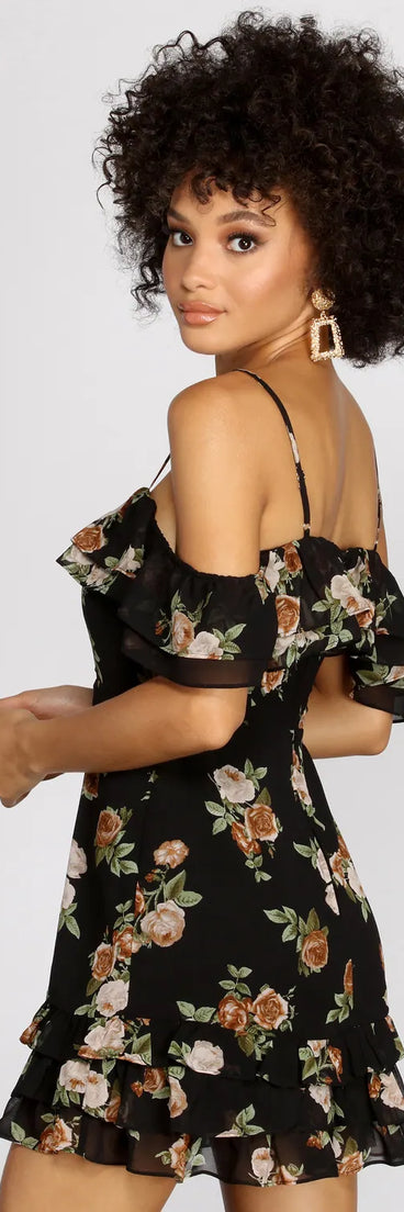 Floral Feeling Chiffon Off Shoulder Mini Dress