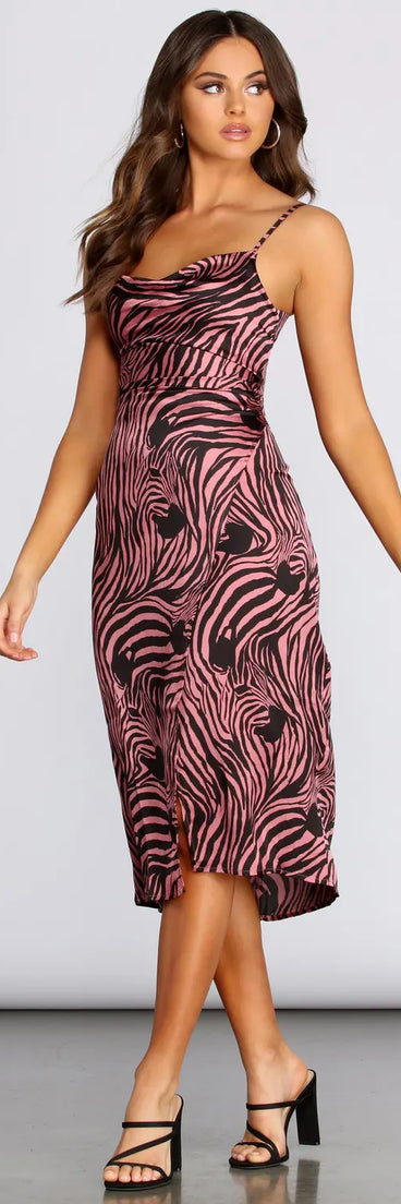 Satin Zebra Print Midi Dress