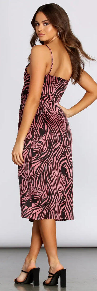 Satin Zebra Print Midi Dress