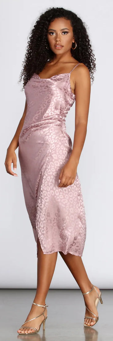 Satin Leopard Print Midi Dress