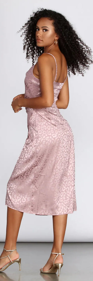 Satin Leopard Print Midi Dress