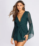 Chiffon Long Sleeve Knot Front Mini Dress