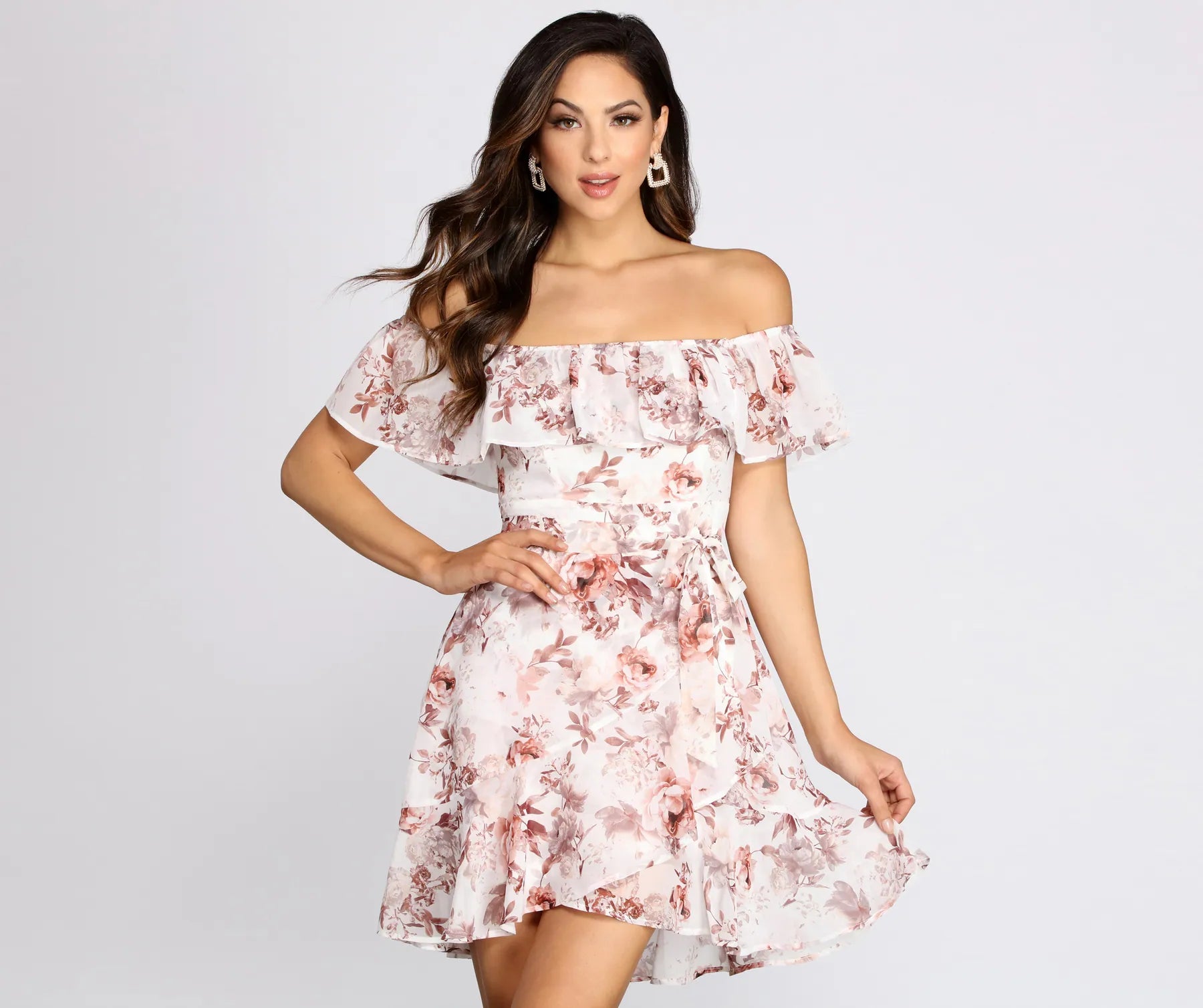 Playful Petals Floral Chiffon Off Shoulder Mini Dress | Windsor