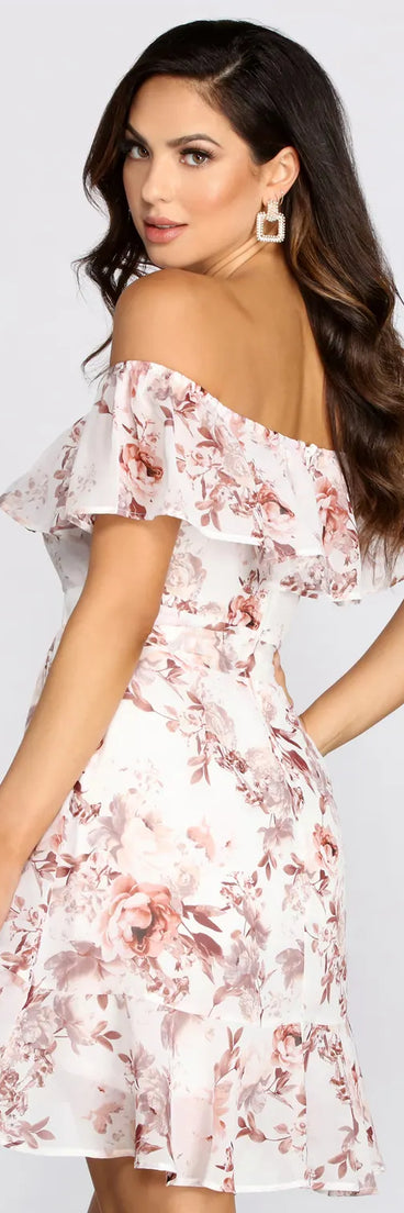 Playful Petals Floral Chiffon Off Shoulder Mini Dress