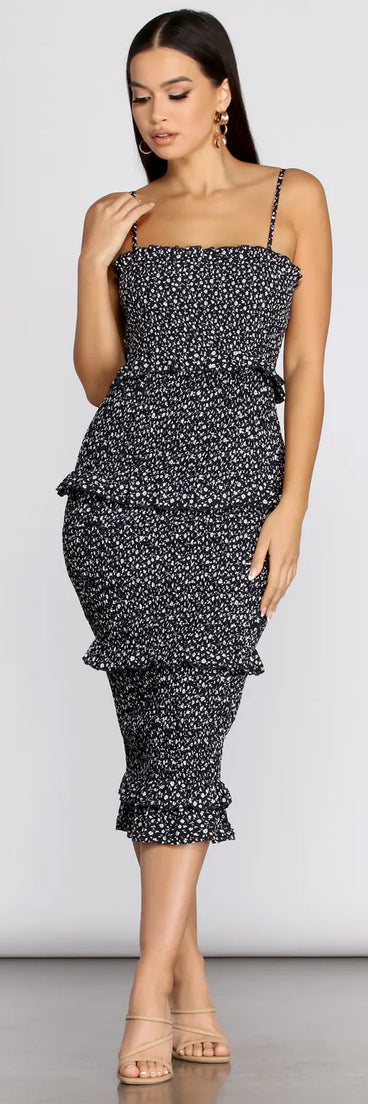 Sweet & Smocked Ditsy Ruffle Midi Dress
