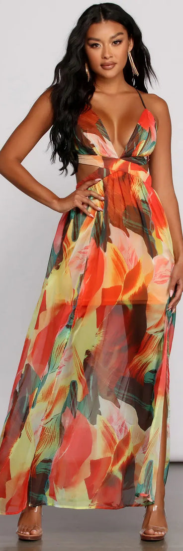 Brighter Vibes Lace-Up Chiffon Maxi Dress