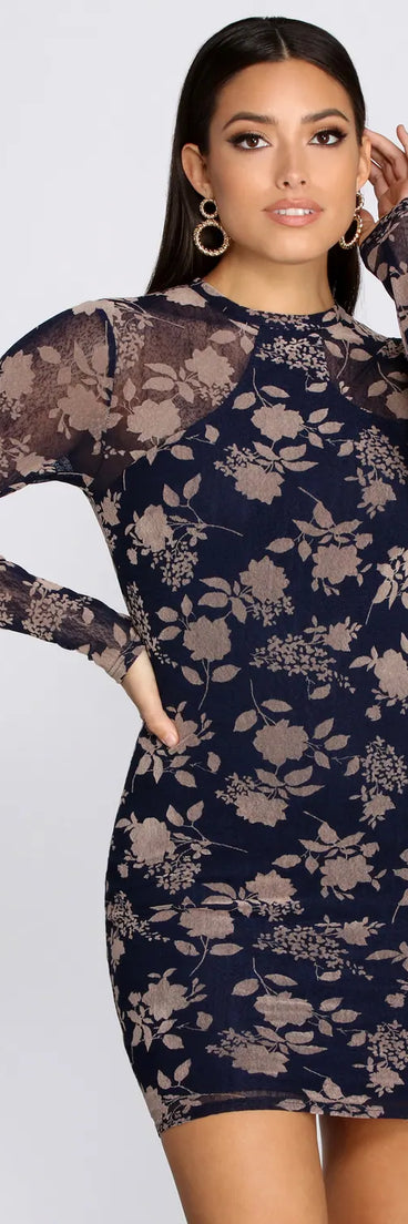 Burnout Floral Mock Neck Mini Dress