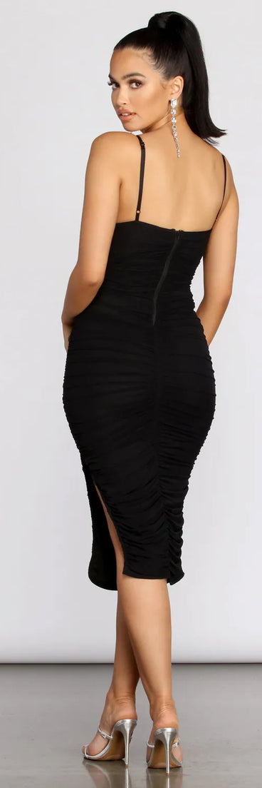 Sweetheart Bustier Ruched Midi Dress