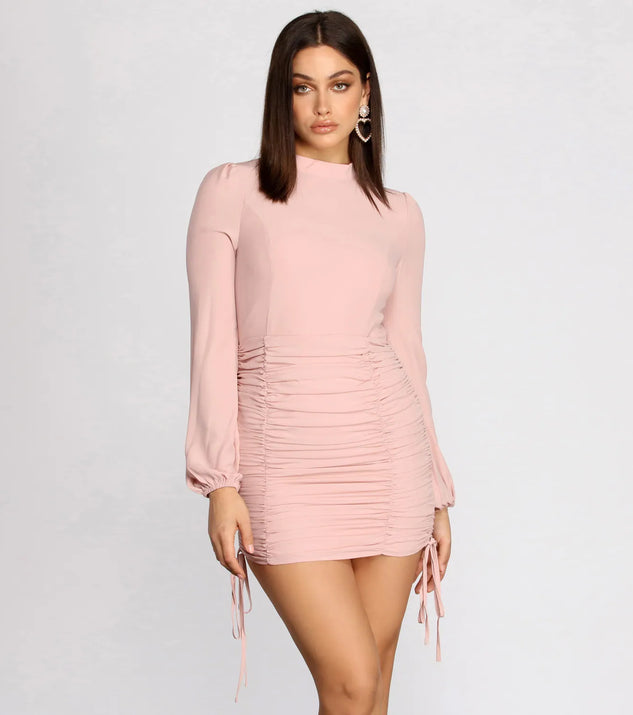 Ruched And Ready Mock Neck Mini Dress