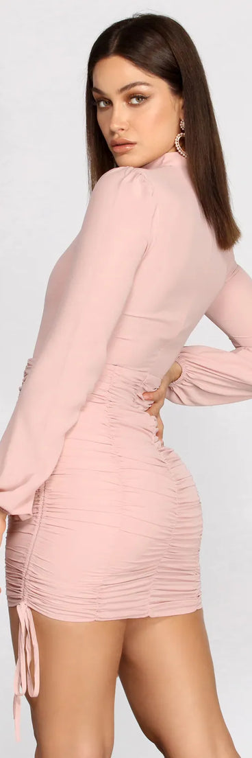 Ruched And Ready Mock Neck Mini Dress