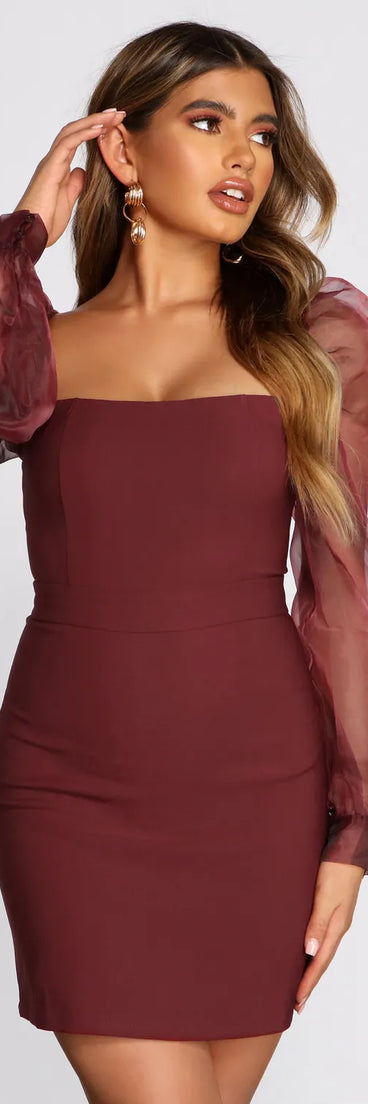 Sheer Organza Puff Sleeve Square Neck Mini Dress