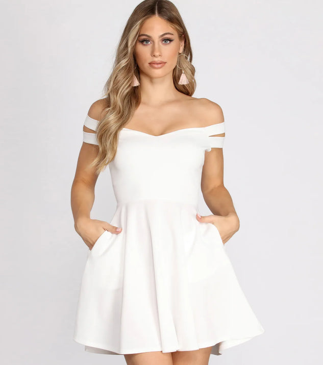 Give It A Spin Off Shoulder Pleated Skater Dress | Windsor