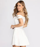 Give It A Spin Off Shoulder Pleated Skater Dress