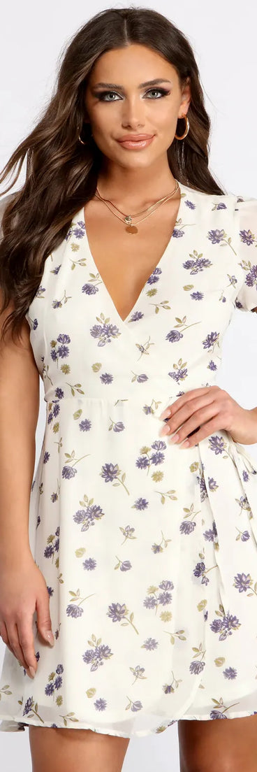 Romantic Blooms Floral Chiffon Wrap Mini Dress