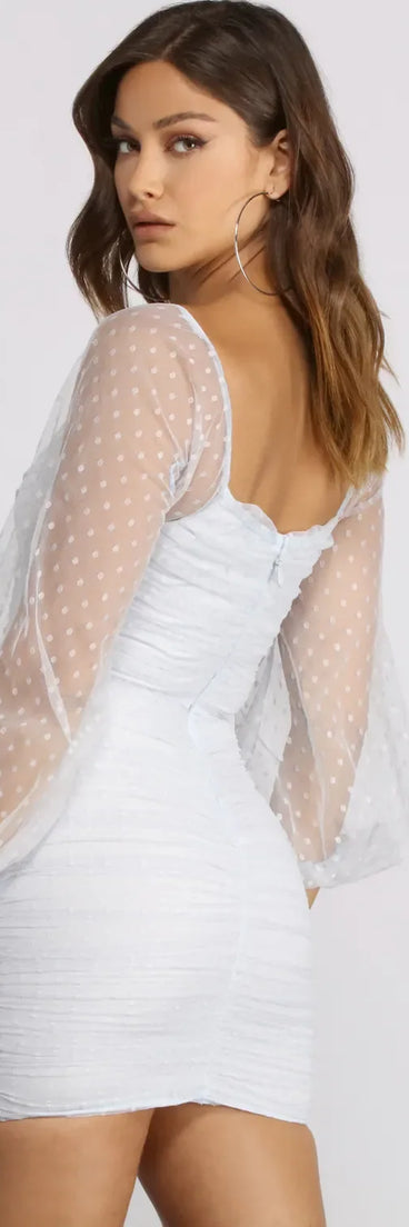 Off The Shoulder Ruched Dotted Mini Dress