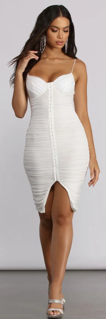 Hook and Eye Mesh Ruched Midi Dress