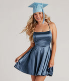 Step into seasonal chic with the A Moment In Satin Skater Dress, a blue mini dress featuring an above-the-knee cut ideal for cocktail parties, festive gatherings, or clubwear.