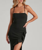 Add Some Flair Ruffle Detail Midi Dress in black, a stunning maid-of-honor dress with a flattering fit and romantic details, perfect for spring or summer wedding themes.