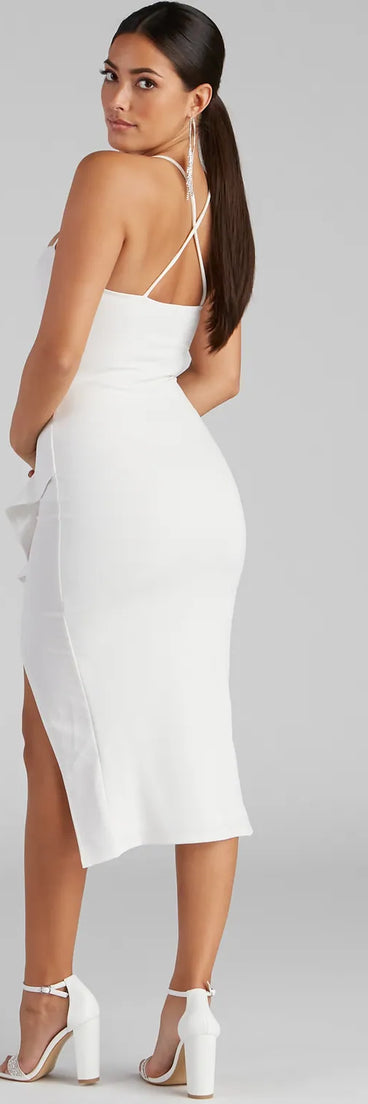 Add Some Flair Ruffle Detail Midi Dress in ivory, a stunning maid-of-honor dress with a flattering fit and romantic details, perfect for spring or summer wedding themes.