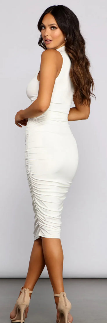 Curves Ahead Sleeveless Ruched Midi Dress