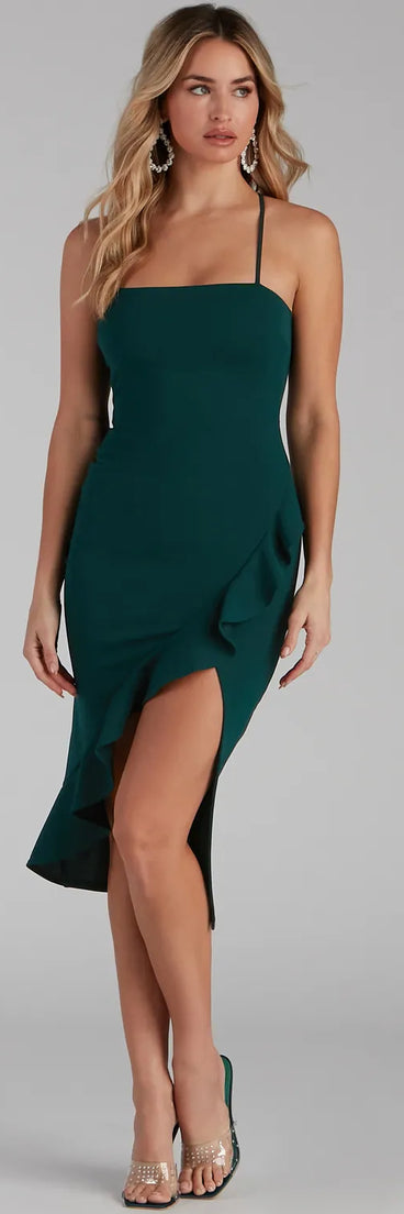 Make the big day unforgettable with the Add Some Flair Ruffle Detail Midi Dress, a gorgeous hunter green bridesmaid dress that balances elegance and affordability.