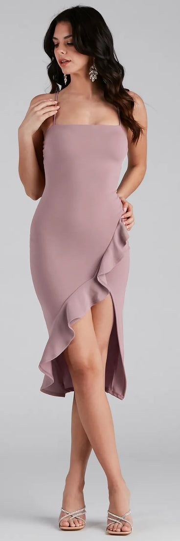 Make the big day unforgettable with the Add Some Flair Ruffle Detail Midi Dress, a gorgeous mauve bridesmaid dress that balances elegance and affordability.