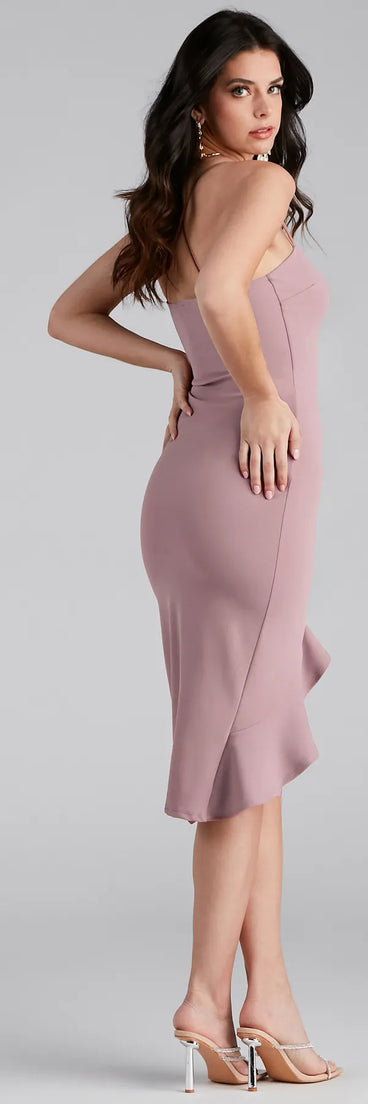 Add Some Flair Ruffle Detail Midi Dress in mauve, a stunning maid-of-honor dress with a flattering fit and romantic details, perfect for spring or summer wedding themes.