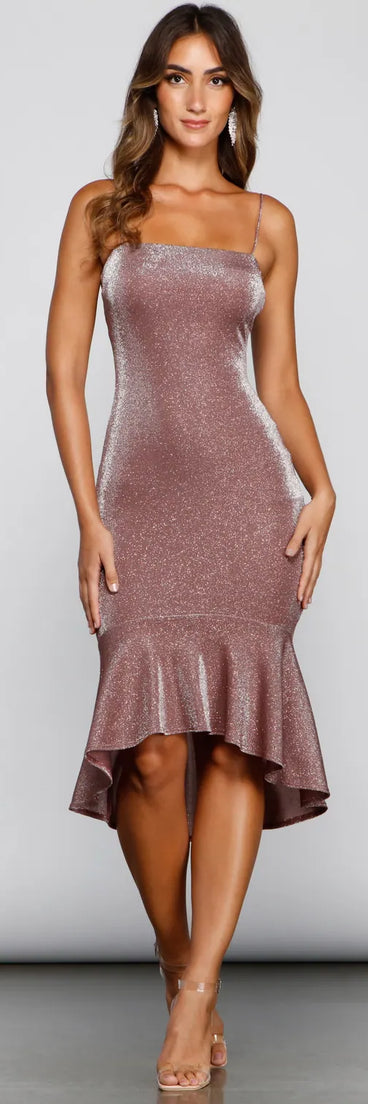 There She Glows Glitter Ruffle Hem Dress