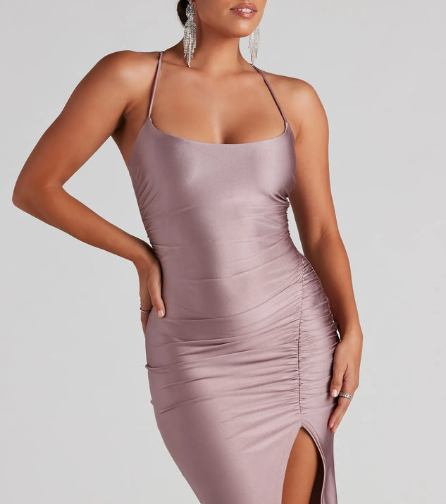 セレブ風サテンフィットパーティーDress Floral Energy Lace-Up Bodycon Slit Midi Dress | Windsor