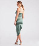 Alluring Silhouette Satin Midi Dress in sage green, a stunning Valentine's Day dress with a flattering fit and romantic details, perfect for date night or Galentine’s celebrations.