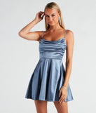 Feel confident and photo-ready in the Silky Chic Satin Skater Dress, a blue graduation dress perfect for 2025 ceremonies and parties.