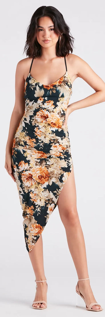 Beautiful Blooms Floral Asymmetric Midi Dress