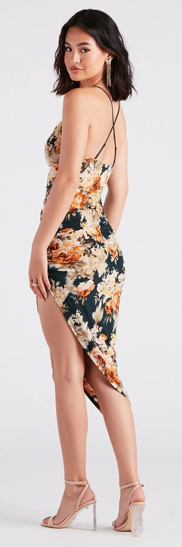 Beautiful Blooms Floral Asymmetric Midi Dress