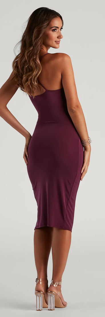 Make a bold statement in the Chic Luxe Cowl Neck Slit Midi Dress in magenta, the perfect spring dress for weddings, cocktail hours, nights out, and/or seasonal celebrations.