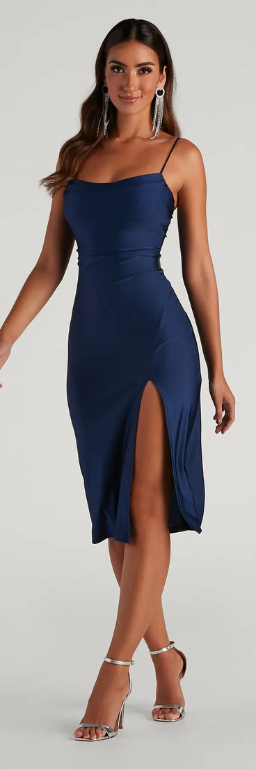 Own your moment in the Sleek And Smooth High Slit Midi Dressin navy blue, a standout 2025 Homecoming Dress that captures all the glam and energy of the night.