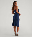 Celebrate the special day in the Sleek And Smooth High Slit Midi Dress, a navy blue country wedding guest dress with soft, romantic details that blend charm and sophistication.