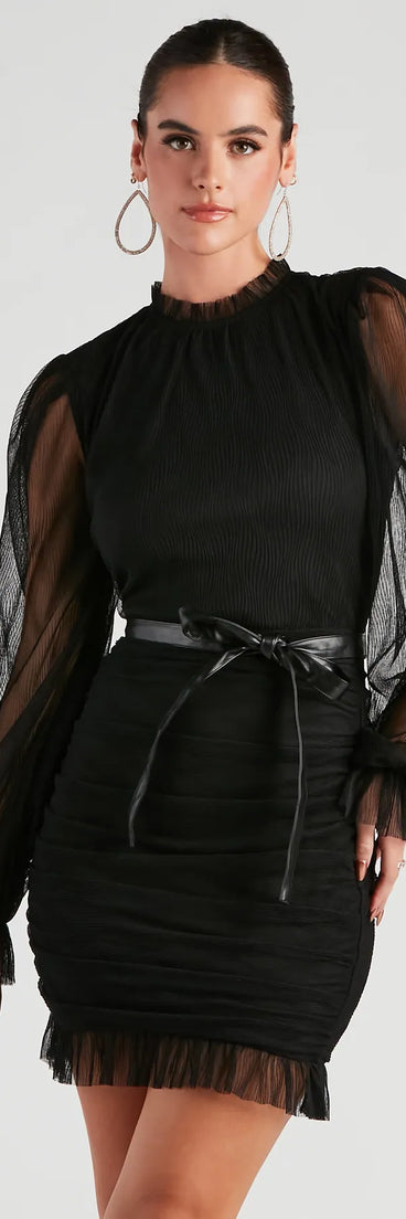 Chic Pleated Mesh Faux Leather Belted Mini Dress