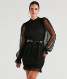 Chic Pleated Mesh Faux Leather Belted Mini Dress