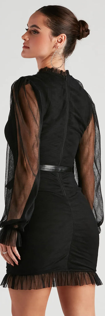 Chic Pleated Mesh Faux Leather Belted Mini Dress