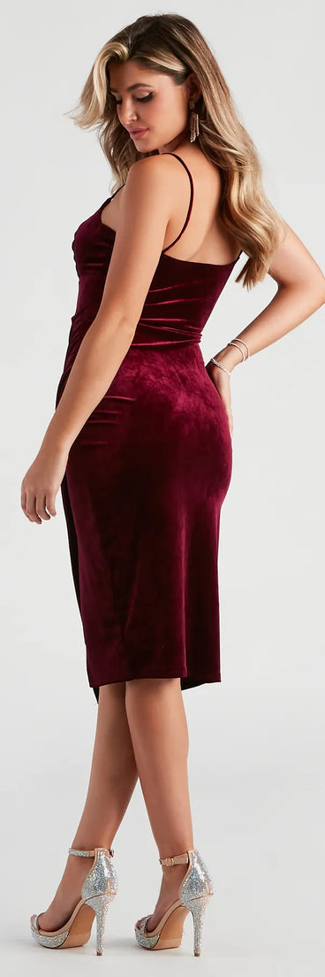 Absolute Dream Velvet Midi Dress in burgundy , a stylish red dress with a flattering fit and fabric that adds allure to your look, perfect for wedding guest attire, cocktail events, or making a bold statement on a date night.