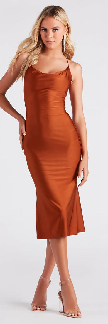 Celebrate in style with the Flatter Me Satin-Knit Midi Dress, a mocha brown formal wedding guest dress featuring an elegant silhouette and luxe details, perfect for a black-tie celebration.